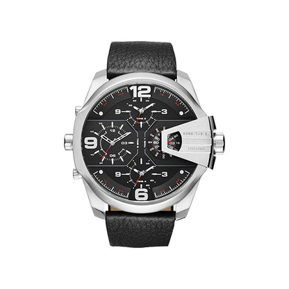 Diesel DZ7376 Uber Chief Oversized 4-Time Men's Watch – Black Dial & Black Leather Strap