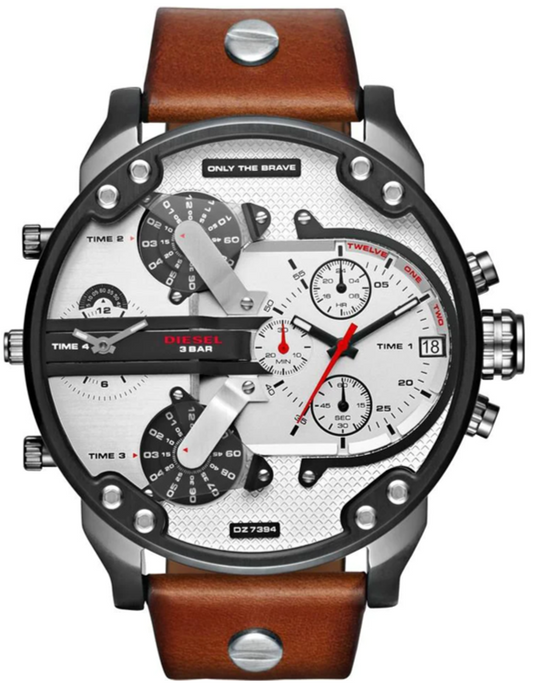 Diesel DZ7394 Mr. Daddy 2.0 Chronograph Men's Watch – Silver Dial & Brown Leather Strap