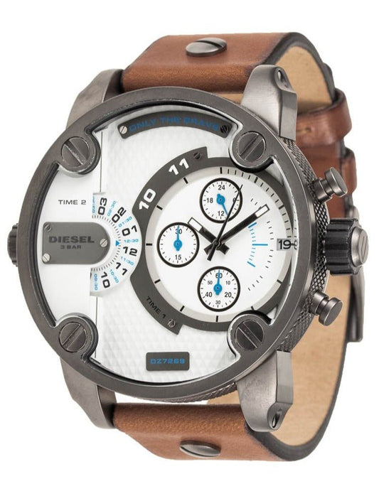 Diesel DZ7269 SBA Dual Time Chronograph Men's Watch – White Dial & Brown Leather Strap
