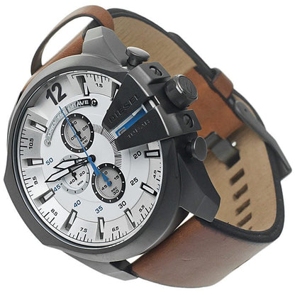 Diesel DZ4280 Mega Chief Chronograph Men's Watch – White Dial & Brown Leather Strap