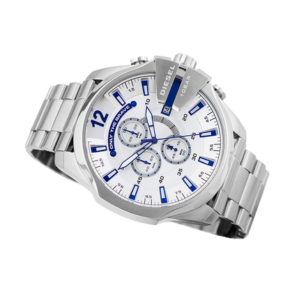 Diesel DZ4477 Mega Chief Chronograph Men's Watch – White Dial & Silver Stainless Steel Strap