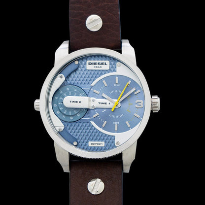 Diesel DZ7321 Mini Daddy Chronograph Men's Watch – Light Blue Dial & Brown Leather Strap