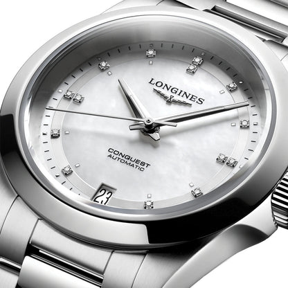 longines Conquest 34mm - White, Mother-of-Pearl w/ Diamonds on Bracelet