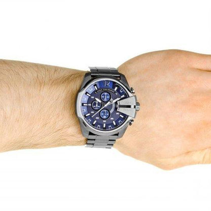Diesel DZ4329 Mega Chief Chronograph Men's Watch – Blue Dial & Black Stainless Steel Strap