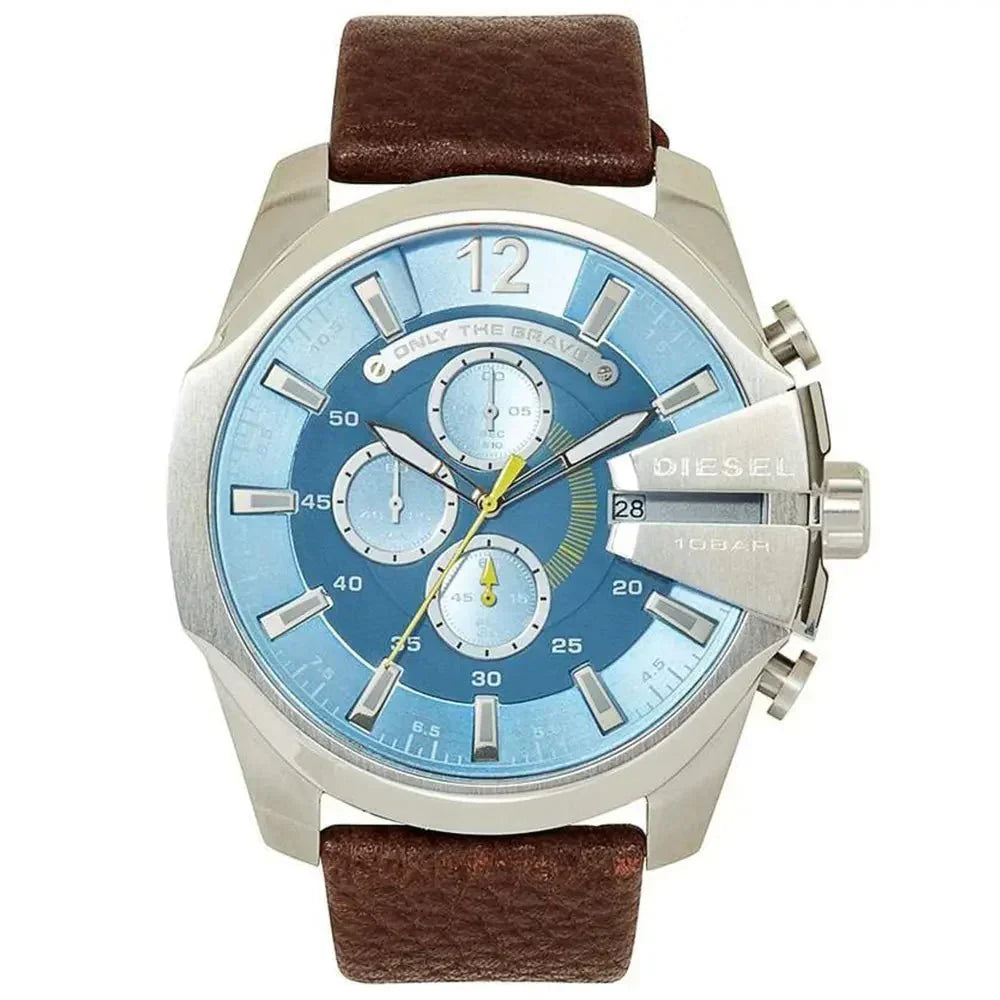 Diesel DZ4281 Mega Chief Chronograph Men's Watch – Blue Dial & Brown Leather Strap
