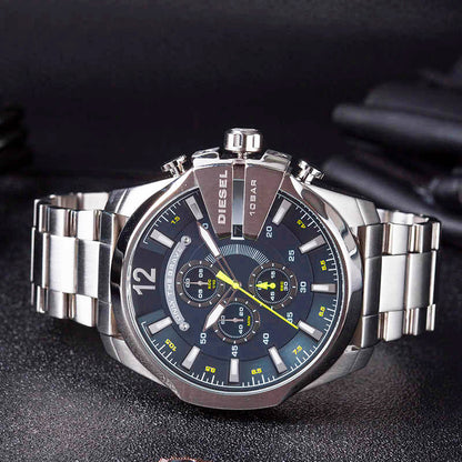 Diesel DZ4465 Mega Chief Chronograph Men's Watch – Blue Dial & Silver Stainless Steel Strap