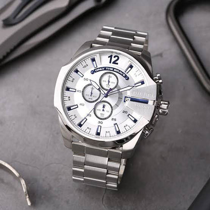 Diesel DZ4477 Mega Chief Chronograph Men's Watch – White Dial & Silver Stainless Steel Strap