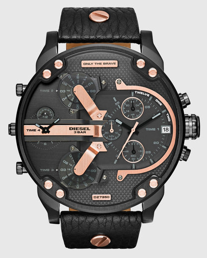 Diesel DZ7350 Mr. Daddy 2.0 Chronograph Men's Watch – Black Dial & Black Leather Strap