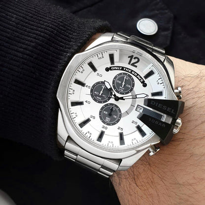 Diesel DZ4501 Mega Chief Chronograph Men's Watch – Silver Dial & Silver Stainless Steel Strap
