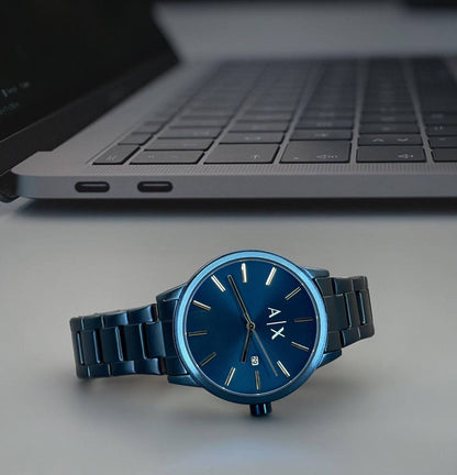 Armani Exchange Cayde AX2702 Men's Analog Watch – Blue Dial with Matching Blue Stainless Steel Strap