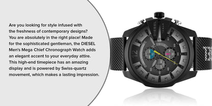 Diesel DZ4514 Mega Chief Chronograph Men's Watch – Black Dial & Black Mesh Bracelet