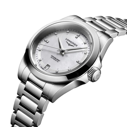 longines Conquest 34mm - White, Mother-of-Pearl w/ Diamonds on Bracelet