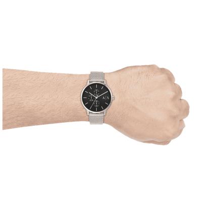 Armani Exchange Cayde AX2714 Men's Chronograph – Black Dial with Silver Mesh Stainless Steel Strap