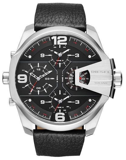 Diesel DZ7376 Uber Chief Oversized 4-Time Men's Watch – Black Dial & Black Leather Strap