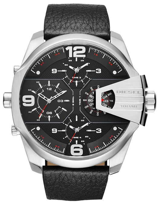 Diesel DZ7376 Uber Chief Oversized 4-Time Men's Watch – Black Dial & Black Leather Strap