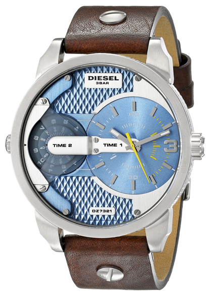 Diesel DZ7321 Mini Daddy Chronograph Men's Watch – Light Blue Dial & Brown Leather Strap
