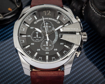 Diesel DZ4290 Mega Chief Chronograph Men's Watch – Black Dial & Brown Leather Strap