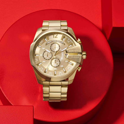Diesel DZ4360 Mega Chief Chronograph Men's Watch – Gold Dial & Gold Stainless Steel Strap