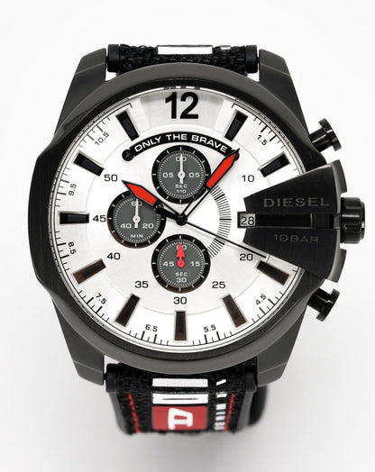 Diesel DZ4512 Mega Chief Chronograph Men's Watch – Silver Dial & Black Leather Strap