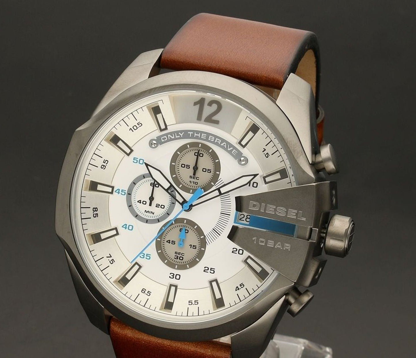 Diesel DZ4280 Mega Chief Chronograph Men's Watch – White Dial & Brown Leather Strap