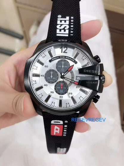 Diesel DZ4512 Mega Chief Chronograph Men's Watch – Silver Dial & Black Leather Strap