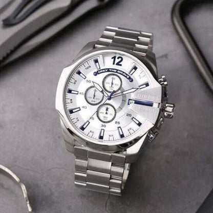 Diesel DZ4477 Mega Chief Chronograph Men's Watch – White Dial & Silver Stainless Steel Strap