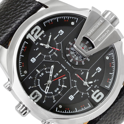 Diesel DZ7376 Uber Chief Oversized 4-Time Men's Watch – Black Dial & Black Leather Strap
