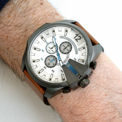 Diesel DZ4280 Mega Chief Chronograph Men's Watch – White Dial & Brown Leather Strap