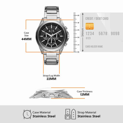 Armani Exchange Drexler AX2600 Men's Chronograph Watch – Black Dial with Silver Stainless Steel Strap